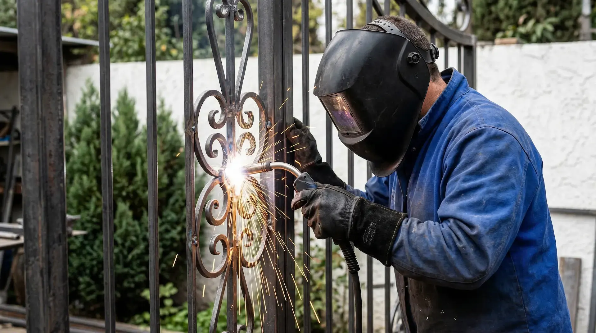 Welder repairing a wrought iron gate with decorative scrollwork